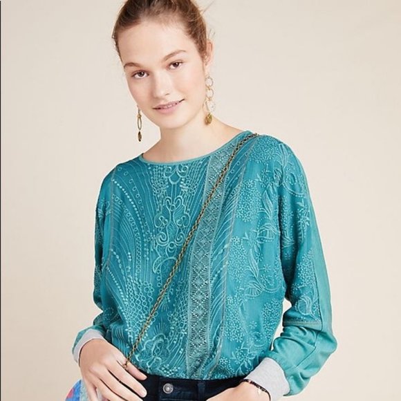 NWT Anthropologie Teal Green Tiny Kate Lacey Boho Batwing Embroidered Top Sz M - Picture 1 of 10